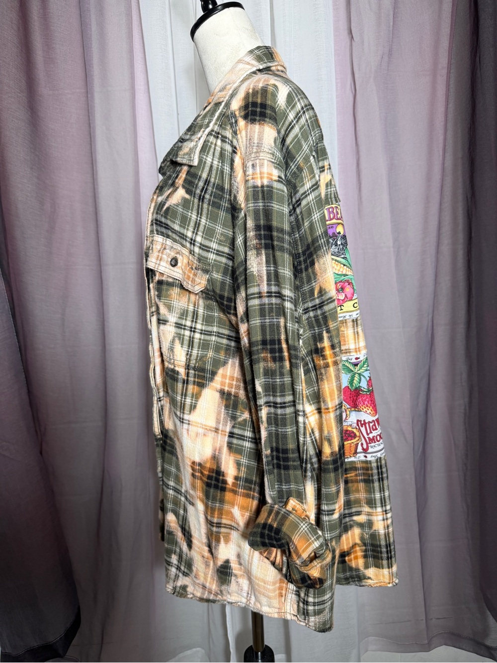 Up-cycled Plaid Flannel Shirt with Vintage Garden Graphic Patch Back - Picture 8 of 10